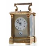 French repeater carriage clock with alarm striking on a gong, the 2.25" principal dial over a