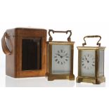 Carriage clock timepiece within a corniche style brass case, 6" high, with associated Morocco tanned