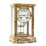 French brass and cloisonne four glass two train mantel clock striking on a gong, the 3.5" white dial