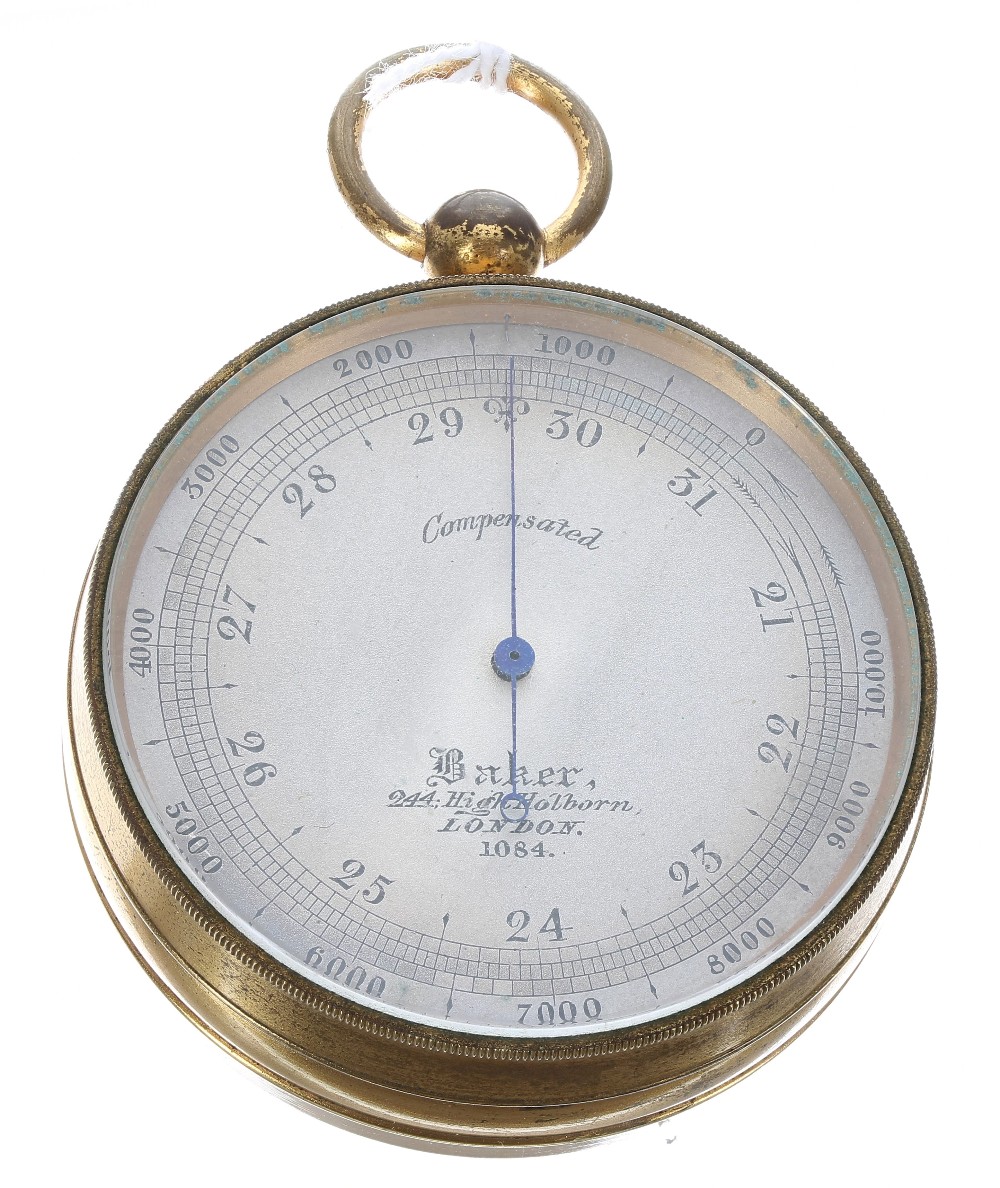 Compensated brass pocket barometer, the silvered dial signed Baker, 244 High Holburn, London, no.