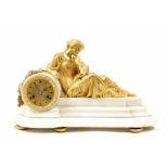 French white marble and ormolu two train figural mantel clock, the 3" gilt chapter ring indistinctly