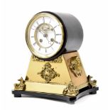 Unusual French black slate and brass two train drumhead mantel clock, the S. Marti movement with