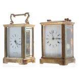 French carriage clock striking on a bell, within a foliate engraved corniche brass case, 6.5"
