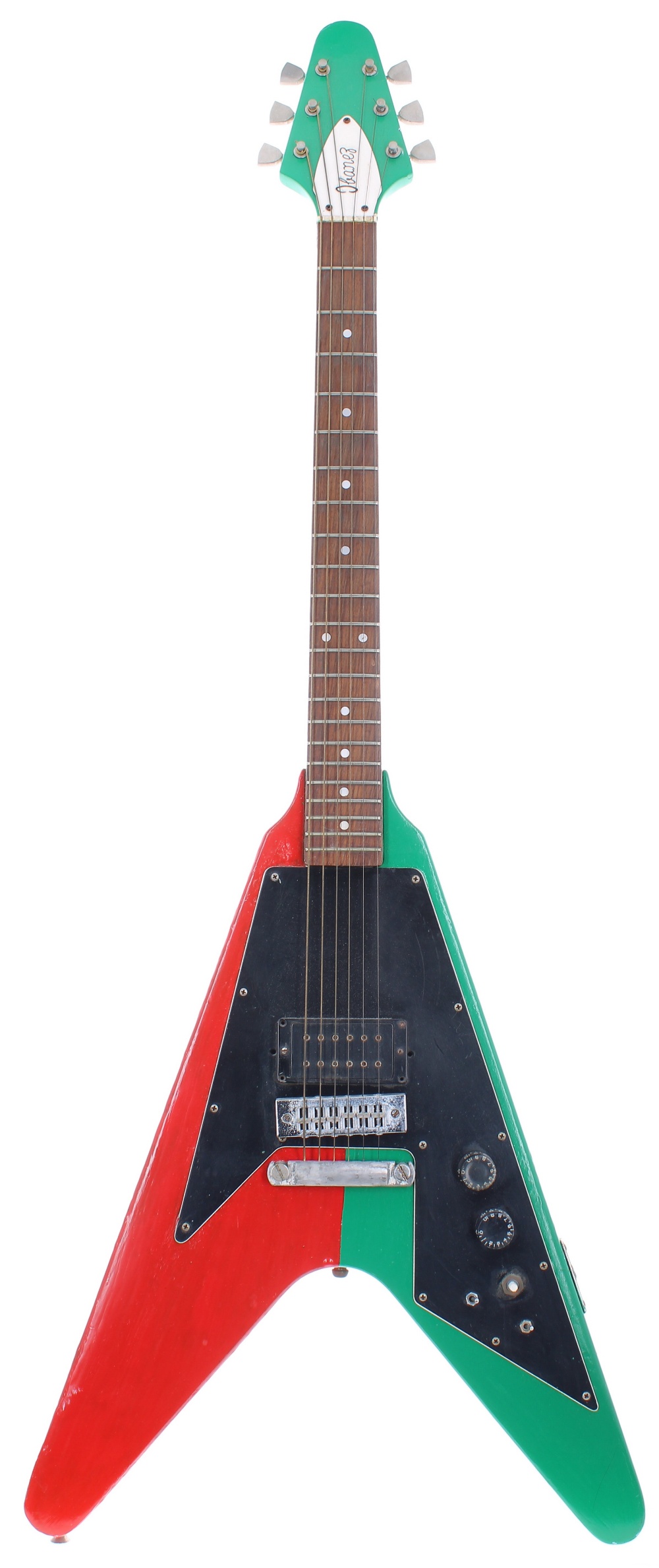 Heavily modified 1970s Ibanez Flying V electric guitar, made in Japan; Finish: poor quality red/