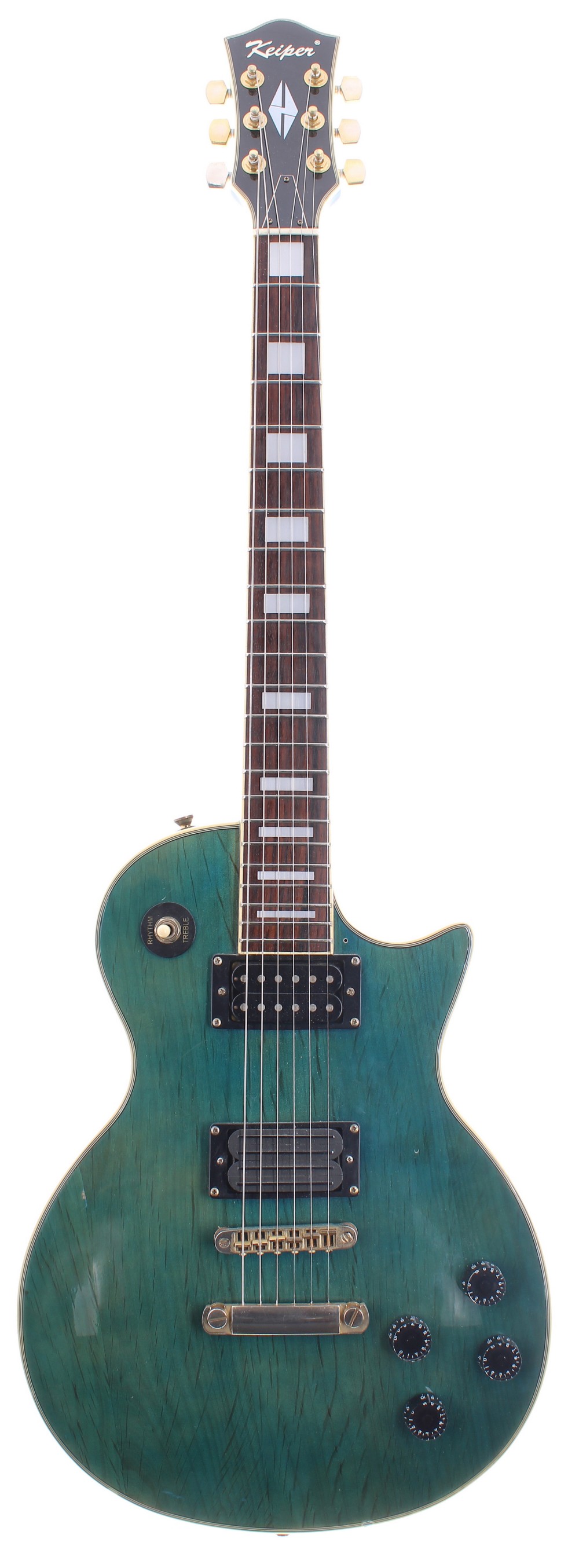 Keiper Les Paul type electric guitar; Finish: trans green, dings and various scratches; Fretboard: