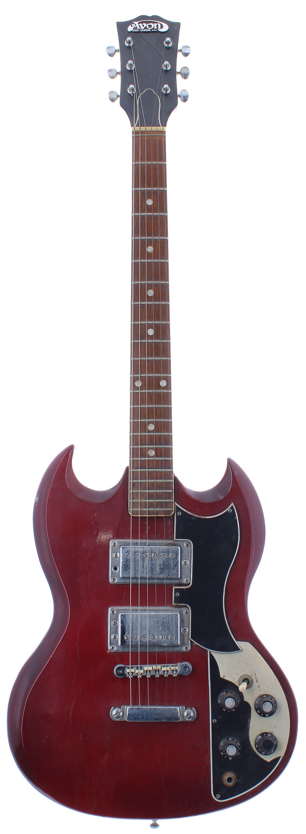 1970s Avon by Rose Morris SG electric guitar, made in Japan; Finish: cherry, lacquer cracking,