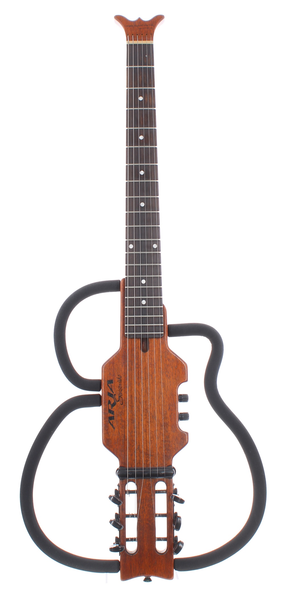 Aria Sinsonido travel guitar; Finish: mahogany; Fretboard: ebonised; Frets: good; Electrics: