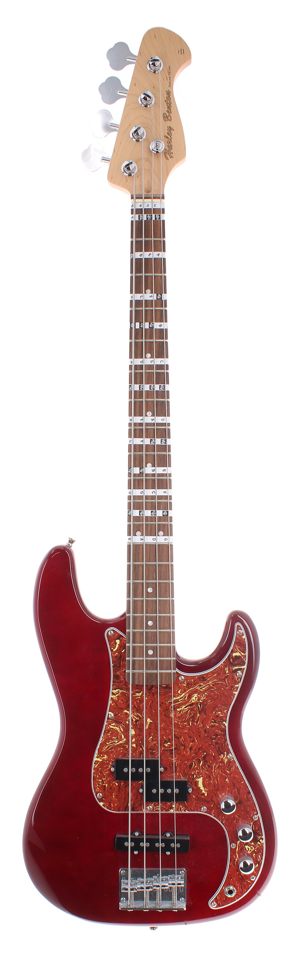 Harley Benton Deluxe Series bass guitar; Finish: red; Fretboard: rosewood, notation guide stickers