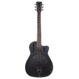 Ozark slimline electric resonator; Finish: black; Fretboard: rosewood; Frets: good; Electrics: