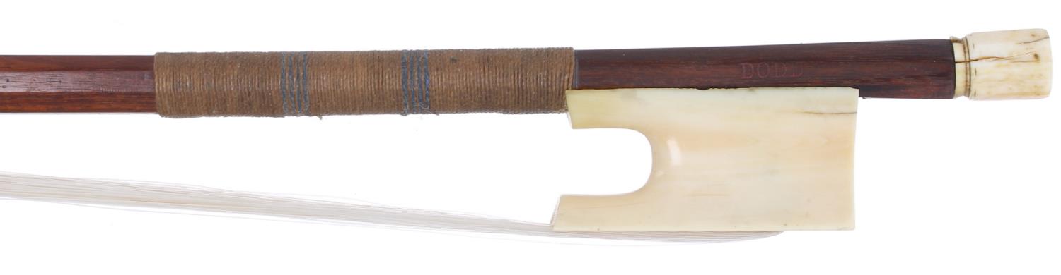 Interesting old ivory mounted violoncello bow stamped Dodd, the stick octagonal, the ivory frog also