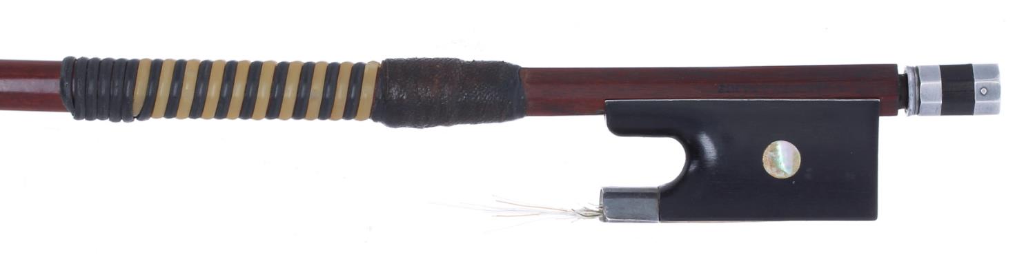 Silver mounted violin bow stamped E. Sartory á Paris, the stick round, the ebony frog inlaid with