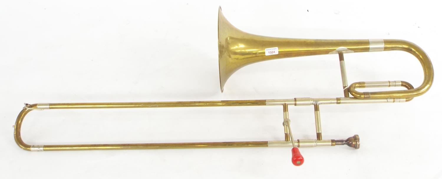 Mid 20th century bass trombone with slide handle stamped Weltklang, bell 26cm diameter