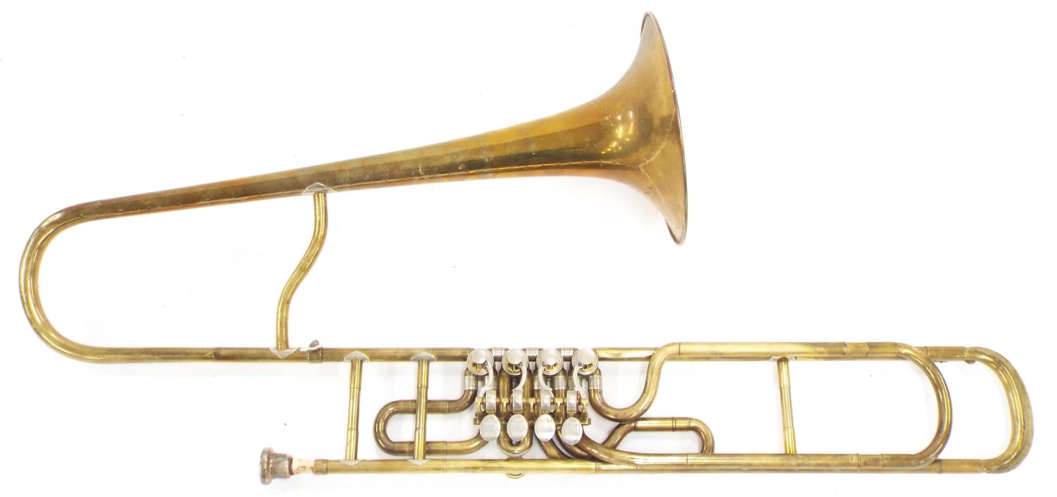 Bass valve trombone by and stamped Miro Zazvonil, Kladno, circa 1935, brass tubing, four rotary