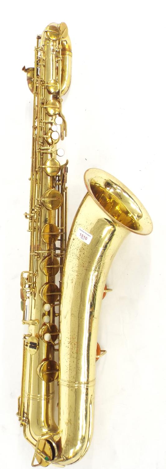 Blessing & Co. Artist Model gold lacquered baritone saxophone, ser. no. 9749, with crook,