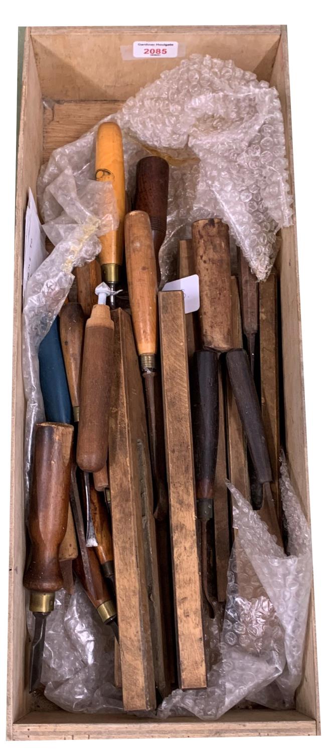 Various violin making chisels, bass bar clamps and a knife branded 'W.E. Hill & Sons'