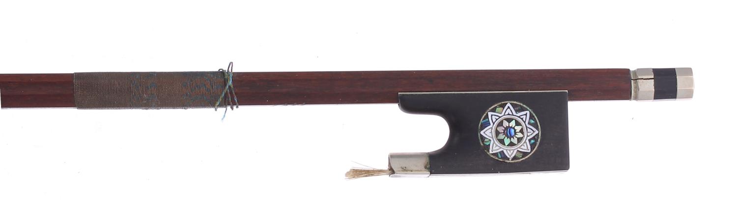 Old German nickel mounted violin bow, unstamped, the stick octagonal, the ebony frog inlaid with