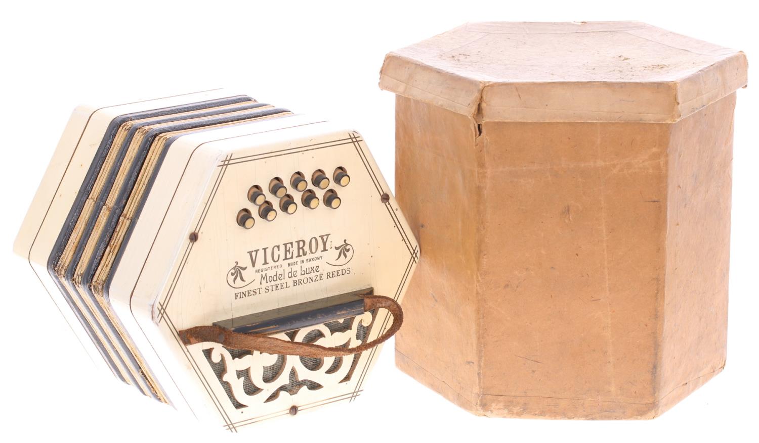 Early 20th century Viceroy two row concertina inscribed 'Made in Saxony, Model de Luxe, finest steel