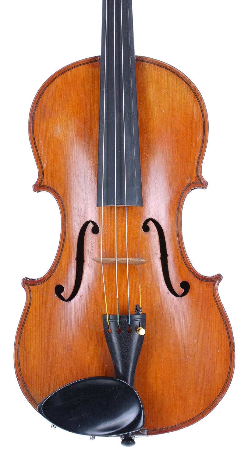 French violin circa 1920, 14 1/16", 35.70cm (at fault), two bows, case