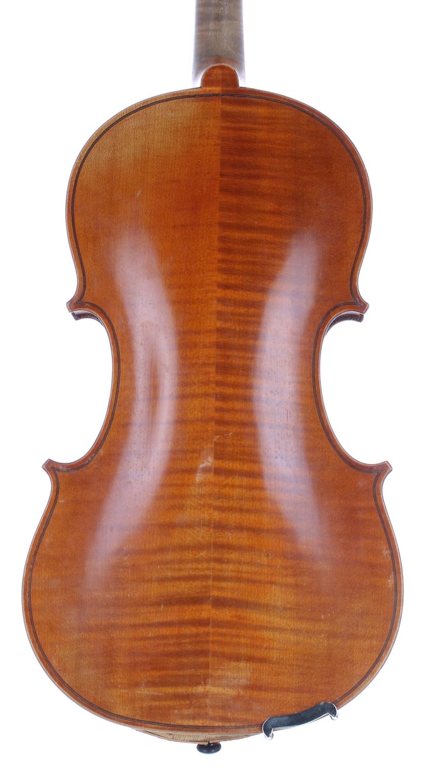 French violin circa 1920, 14 1/16", 35.70cm (at fault), two bows, case - Image 2 of 3