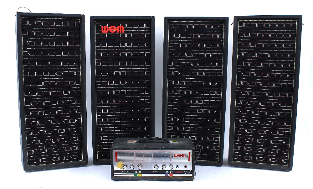 Watkins WEM PA100 amplifier with a matching set of four 3 x 8" 24 ohm speaker cabinets, the cabinets