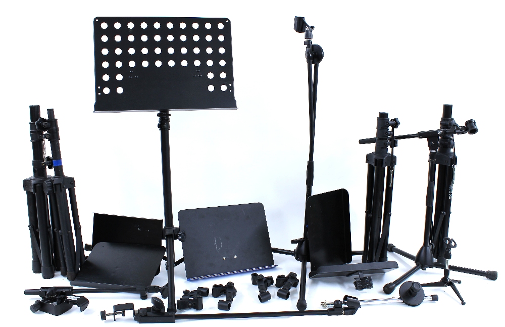 Selection of music and audio stands to include PA speaker stands, microphone stands, music ledges