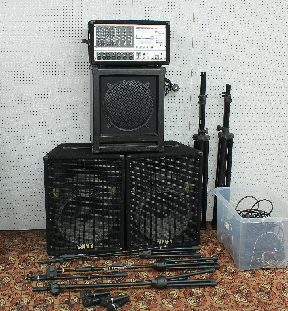 PA system comprising a Phonic Powerpod 740 powered mixer, a pair of Yamaha S15E speakers, a pair