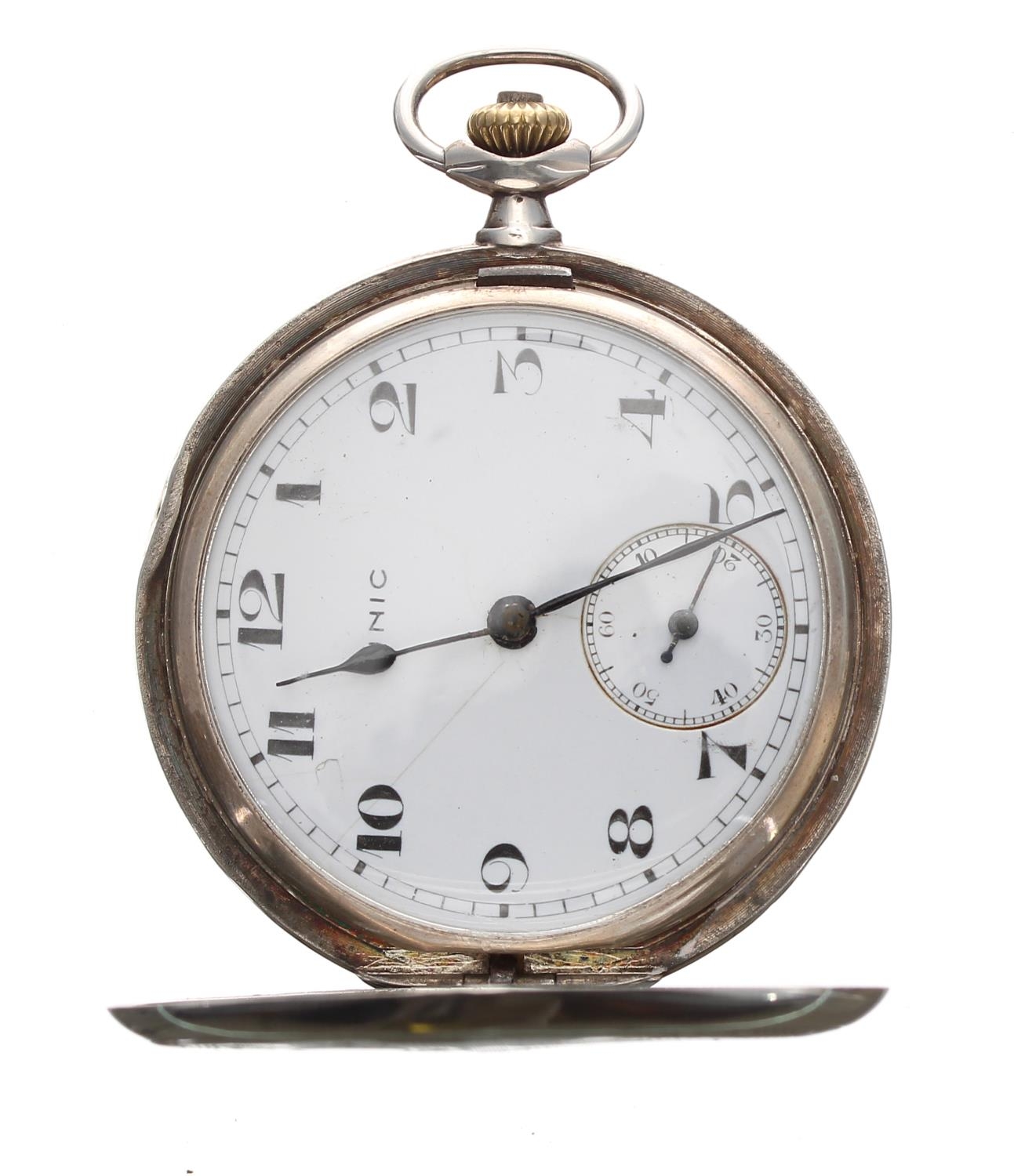 Unic silver (0.900) lever hunter pocket watch, signed movement with compensated balance and