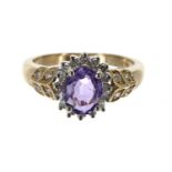 18k oval amethyst and diamond cluster ring with set shoulders, width 12mm, 4.6gm, ring size L/M