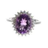 Modern 9k amethyst and diamond oval cluster ring, 15mm x 13mm, 3.6gm, ring size O