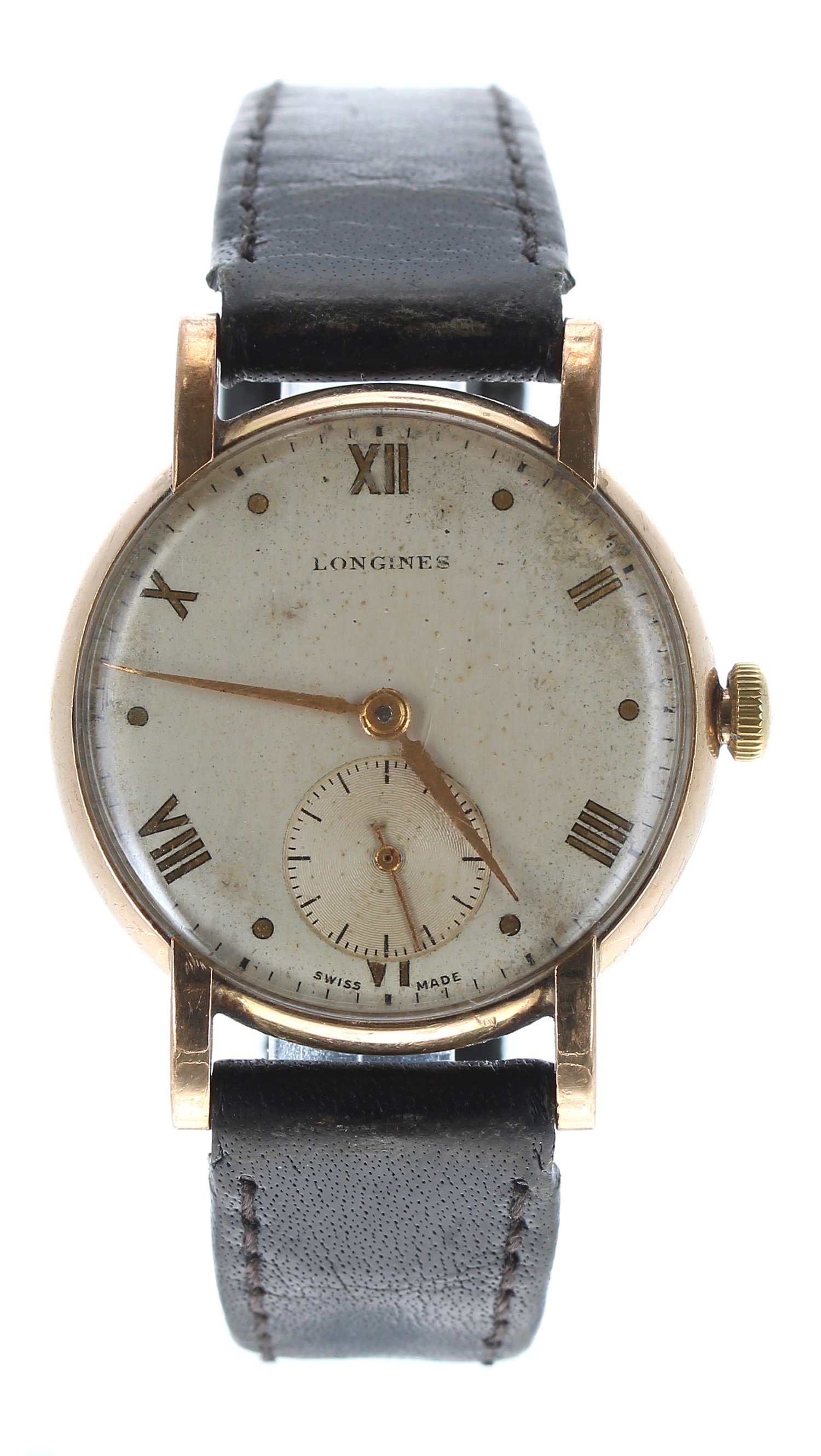 Longines 9ct gentleman's wristwatch, London 1949, circular silvered dial with Roman numerals and dot