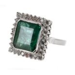 Impressive and large 14k white gold emerald and diamond square set cluster ring, the emerald 10.