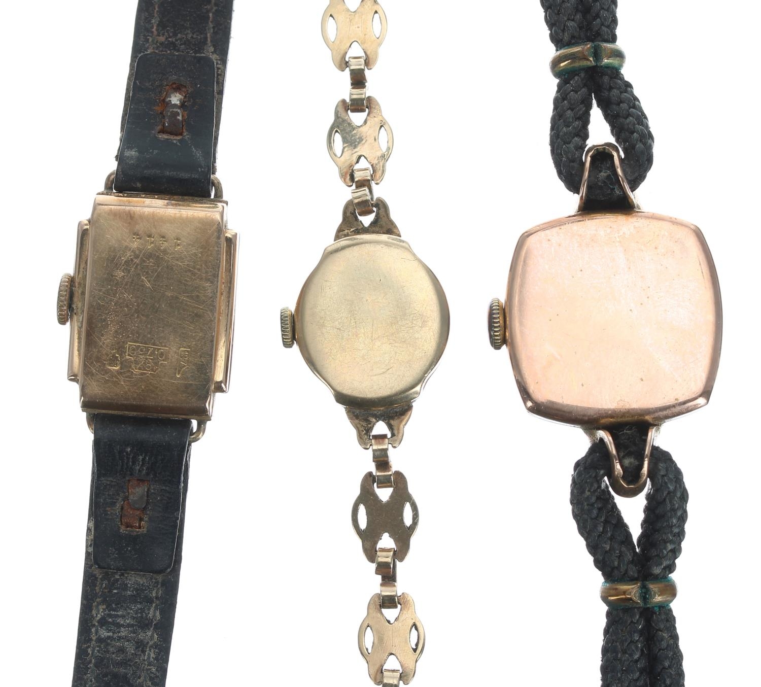 9ct lady's bracelet wristwatch, 12.1gm; Otis 18k lady's wristwatch with a leather strap; also a J. - Image 2 of 2