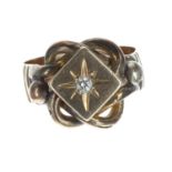 9ct knot design diamond set single stone ring, 0.07ct, width 16mm, 10.9gm, ring size U/V