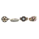 Four 9ct gem set dress rings, 9.6gm (4)