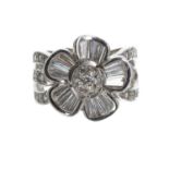 Fancy 18k white gold diamond floral dress ring, 10.9gm, width 18mm, ring size P