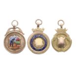 Three 9ct sporting medallions, one enamelled with a snooker player, 15.2gm in total (3)