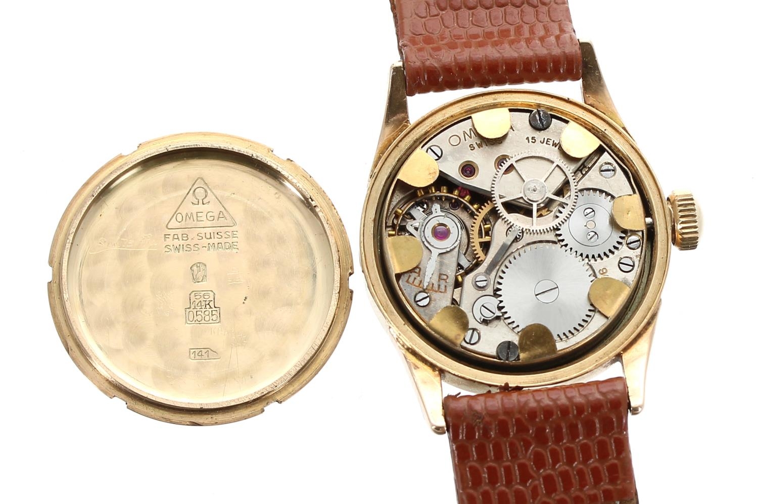 Omega 14k mid-size wristwatch, circular bronze dial with quarter Arabic numerals, hour markers, - Image 3 of 3