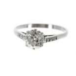 Antique platinum round old-cut solitaire diamond ring with set shoulders, 1.25ct approx, clarity