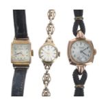 9ct lady's bracelet wristwatch, 12.1gm; Otis 18k lady's wristwatch with a leather strap; also a J.