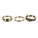 Yellow gold band ring set with a single diamond, width 7mm, 3.6gm, ring size R; 22ct wedding band