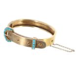 Victorian yellow metal turquoise set buckle bangle, with safety chain, 15.4gm, 60mm