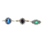 Three 9ct diamond and gem set cluster rings, including sapphire and emerald, 6.7gm in total (3)