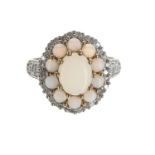 Fancy 9ct opal and diamond oval cluster ring, 18mm x 16mm, 3.5gm, ring size P