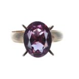 14k yellow gold oval amethyst single stone set ring, estimated 3.45ct approx in four claw setting,