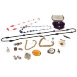 Assorted antique and costume jewellery including a gold mounted agate brooch, two gold plated curb