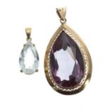 Gold mounted Alexandrite pear shaped pendant, 14.4gm, 50mm x 26mm; together with an 18k topaz pear