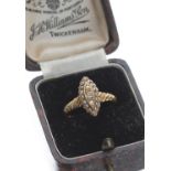 Victorian 18ct marquise seed pearl and diamond ring, Birmingham 1876, 3gm, 14mm x 7mm, ring size L -