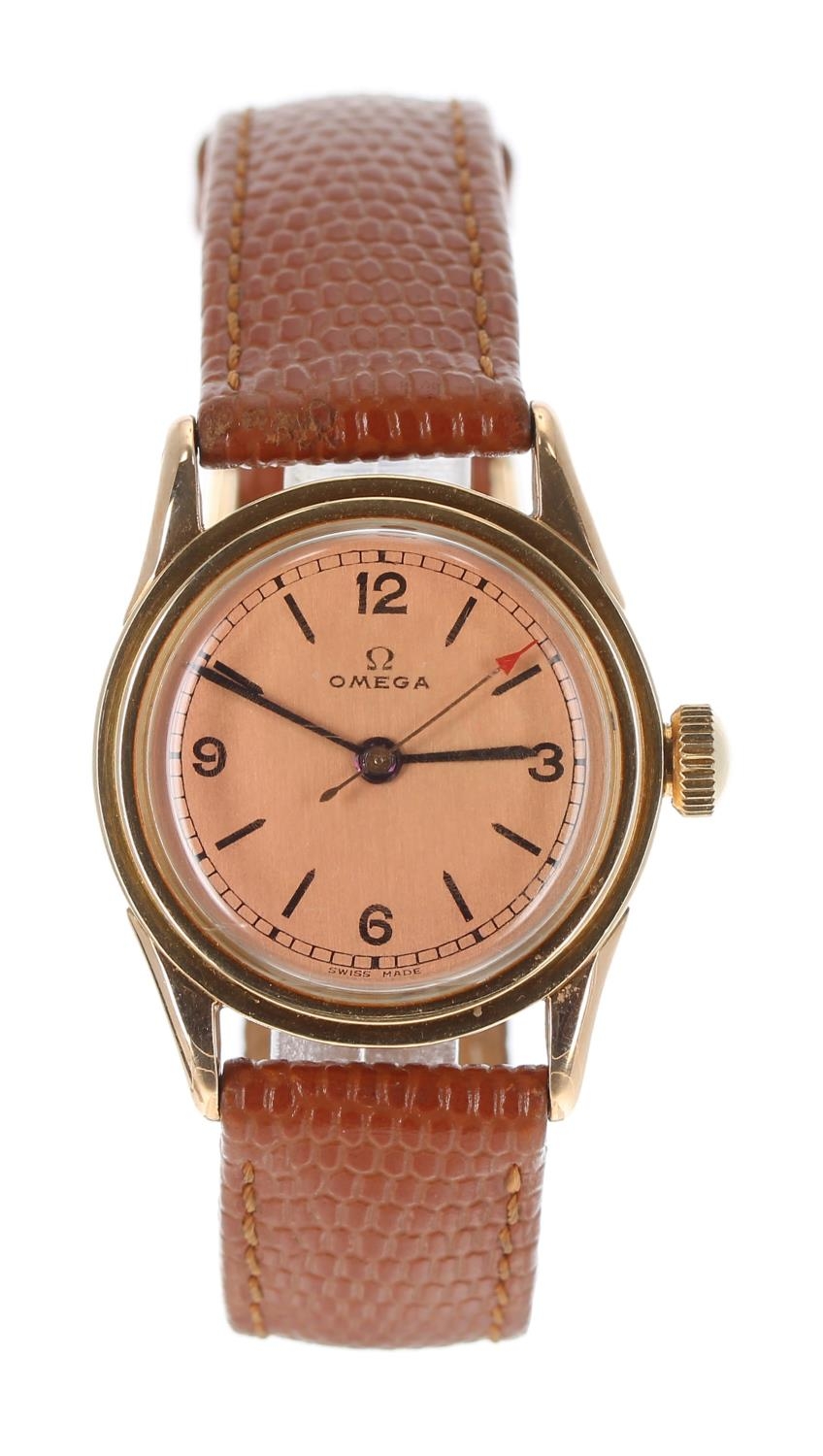 Omega 14k mid-size wristwatch, circular bronze dial with quarter Arabic numerals, hour markers,