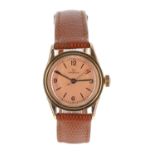 Omega 14k mid-size wristwatch, circular bronze dial with quarter Arabic numerals, hour markers,