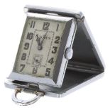 Art Deco nickel chrome cased 8 Days folding purse watch, engine turned rectangular silvered dial